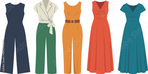 Women’s fashion, stylish outfits, jumpsuits, maxi dresses, wide-leg pants, modern clothing, vector illustration, elegant design, colorful apparel, trendy wear, sleeveless style, V-neckline