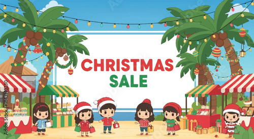 Christmas sale banner. Cartoon illustration of kids in Santa hats. Palm trees with lights. Beach background with market stalls. Colorful vector design for holiday promotion. Christmas and