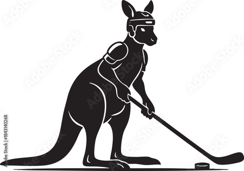 Kangaroo Playing Ice Hockey Silhouette Mascot Illustration