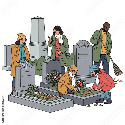 People cleaning and decorating graves. Group of people tidying up tombstones. Cemetery maintenance. Grave decoration. Vector illustration on white background.