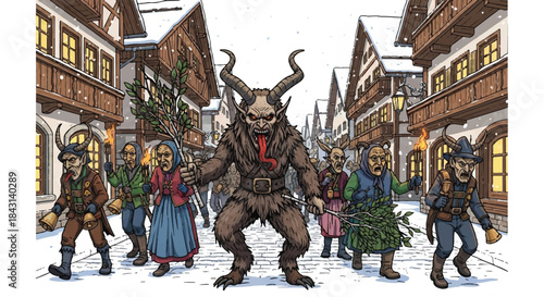 Krampus in a snowy village. Christmas character illustration. Mythical creature with horns. Traditional European folklore. Winter scene with people. Vector illustration.