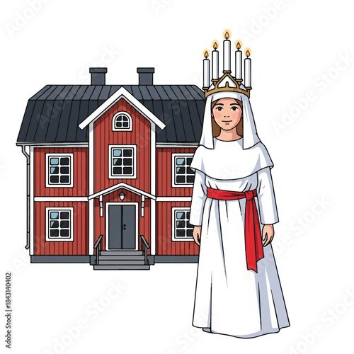 Woman in white Lucia dress and crown. Red house background. Christmas character illustration. Vector graphic. Holiday tradition. Scandinavian culture. White background.