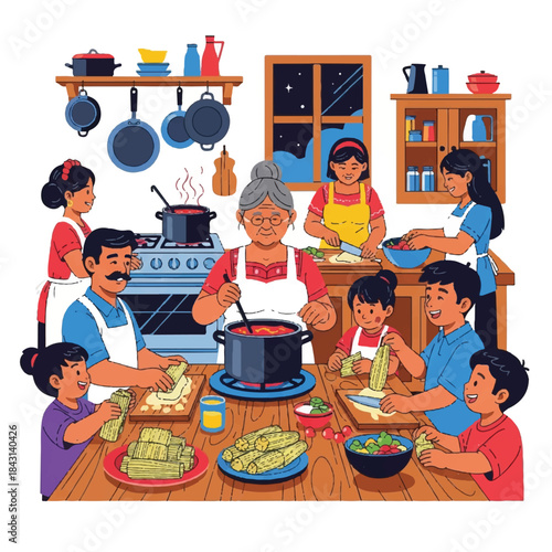 Family cooking together. Kitchen scene with people preparing food. Mother and children making meal. Vector illustration of family in kitchen. White background. Cooking and food preparation.