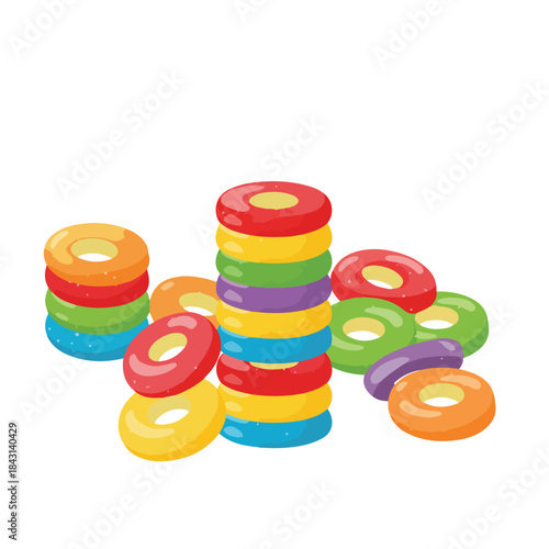 Piles of colorful ringshaped candies suitable for candy shop promotion, party invitations, birthday cards, sweet treats illustrations, and social media posts.