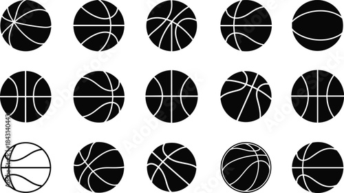 Basketball ball silhouettes set with multiple styles for sports design, athletic branding, and game-related vector graphics.