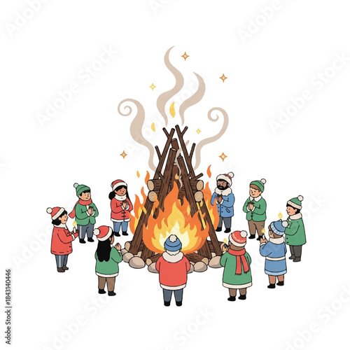 People gathered around campfire. Group of friends in winter clothes. Bonfire with flames and smoke. Winter camping scene. Vector illustration on white background. Outdoor gathering. Cold