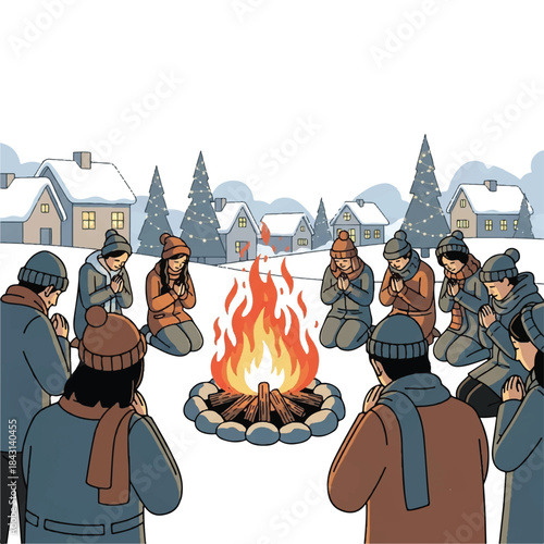 People sitting around campfire. Winter scene with fire. Group of friends in cold weather. Snowy village background. Vector illustration of people warming up. Fire pit in snowy landscape.