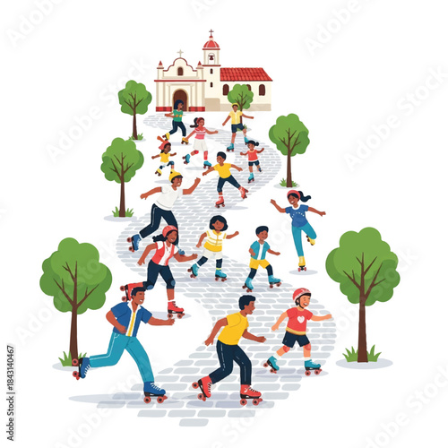 Children rollerblading on a staircase. Kids playing on roller skates. Group of children on a gray brick staircase. Colorful illustration of kids having fun on rollerblades. Trees and a