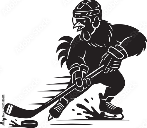 Rooster Playing Ice Hockey Silhouette Mascot Illustration
