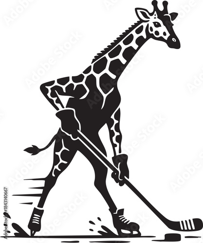 Giraffe Playing Ice Hockey Silhouette Mascot Illustration