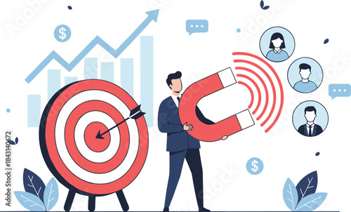 Customer attraction strategy, business growth, lead generation, marketing magnet, target audience, sales conversion, flat vector illustration