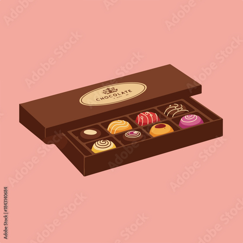 Chocolate bonbons and candies in a box on pink background. Suitable for food, sweets, confectionery, and celebration concepts.