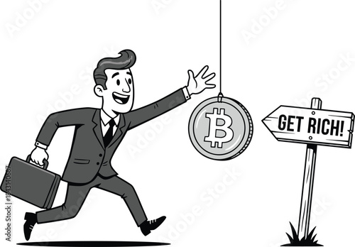 Bitcoin chase cartoon, businessman running, crypto wealth concept, get rich sign, black and white sketch, flat vector illustration