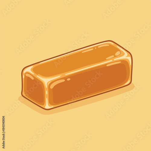 Square piece of glossy caramel is centered on a vibrant yellow background, perfect for food blogs, packaging design, or social media posts.