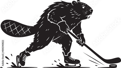 Beaver Playing Ice Hockey Silhouette Mascot Illustration