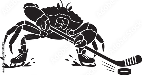Crab Playing Ice Hockey Silhouette Mascot Illustration