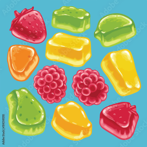 Fruit gummy candies on light blue background. Suitable for foodrelated designs, packaging, and childrens products. Great for advertising.