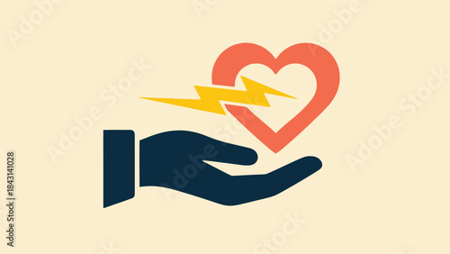 Hand supporting heart with a lightning bolt: vital energy and care