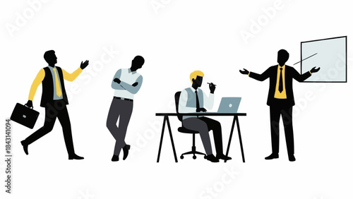 Business professionals in various work situations on white background.