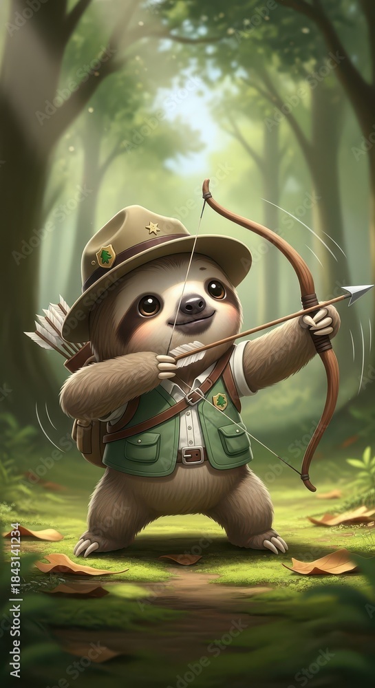 Obraz premium Adorable furry creature wearing outdoor gear aims a primitive bow and arrow in a sunlit woodland