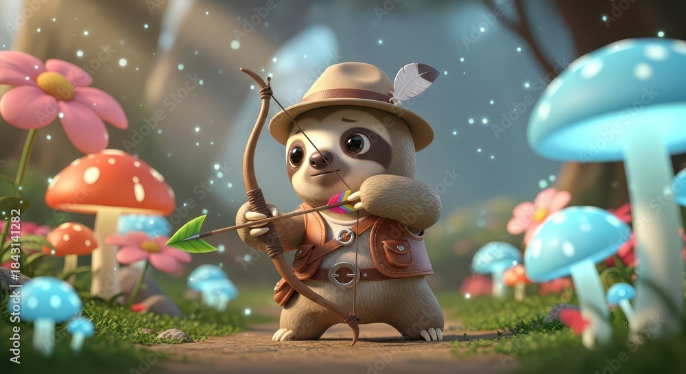 Naklejka premium Adorable cartoon sloth character wearing a hat and holding a drawn bow with an arrow in a fantastical forest setting