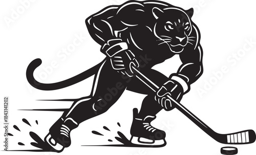 Panther Playing Ice Hockey Silhouette Mascot Illustration