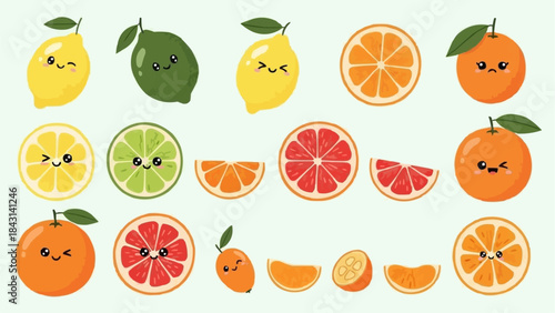 Cute Kawaii Citrus Fruits Collection with Happy Faces.