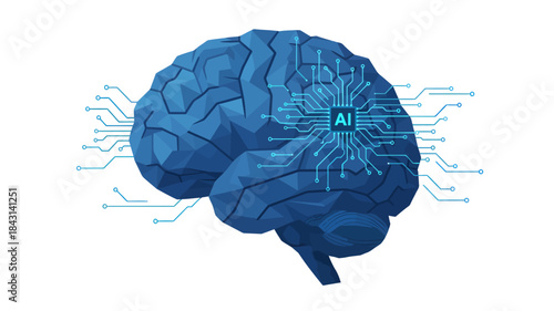 Illustration of a blue brain with AI symbol and circuit lines on a white background