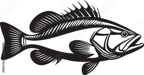 Aggressive bass fish illustration black and white graphic