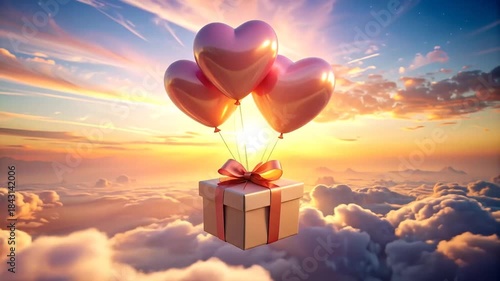 Heart Balloons Lift Gift Box Above Clouds at Sunset