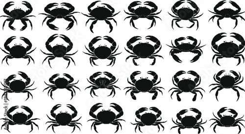 Crab silhouette illustration set displaying multiple marine crustacean poses, ocean wildlife icons, seafood animal shapes for coastal designs, nature themes, biological studies, and aquatic-themed 
