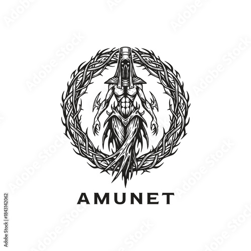 Amunet Egyptian goddess mythical creature illustration inside a thorn wreath circle in hand-drawn engraving style