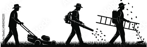 Silhouette workers performing lawn care tasks, mowing grass, blowing leaves, and gardening outdoors, vector illustration for landscaping services, maintenance concepts, outdoor work and professional 