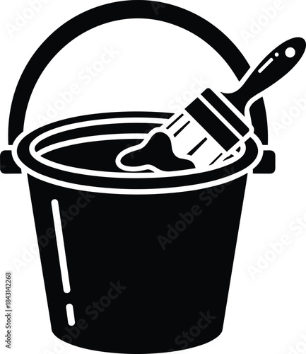 Black Paint Bucket with Brush Vector Icon 