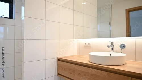 Wallpaper Mural Modern Bathroom Vanity with White Vessel Sink Wood Countertop and Bright Lighting Torontodigital.ca