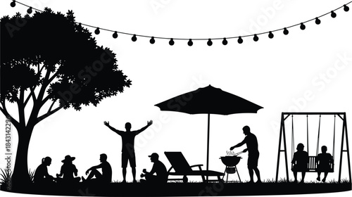 Silhouette family and friends enjoying outdoor gathering, picnic and barbecue scene with children playing, relaxing under tree and lights, vector illustration for lifestyle and leisure design