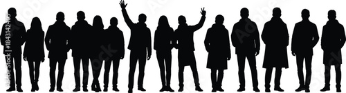 Silhouette group of people standing together, diverse crowd illustration for vector design, community gathering concept showing unity, social interaction, modern lifestyle pose collection