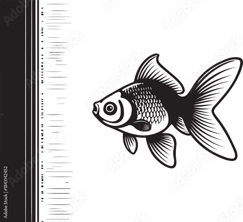Black and white graphic illustration of a fancy goldfish swimming