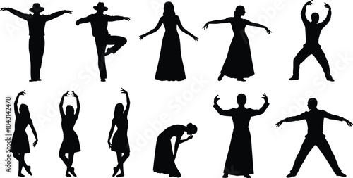 Silhouette dancers posing in various styles, elegant dance movements collection, artistic expressive choreography illustration for vector design, creative performance poses for cultural and stylish 