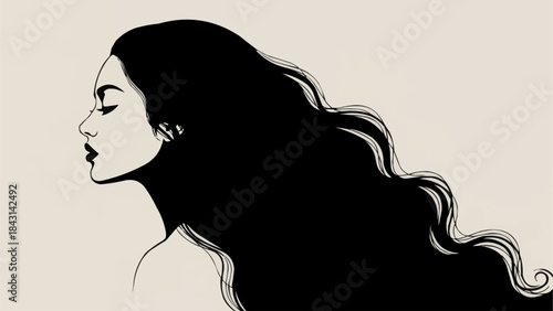 Elegant Woman Profile Silhouette with Flowing Black Hair.