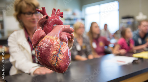 A student examines a detailed human heart model during a biology lesson. Great for education, anatomy visuals, medical content, and school material.
