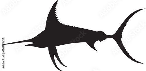 Black silhouette of a large marlin or swordfish swimming in the ocean