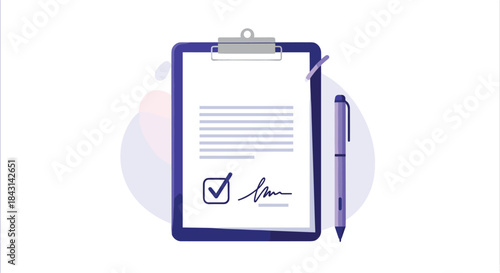 Signed document or contract on a clipboard with a checked box and a pen, symbolizing agreement, approval, and completed tasks.
