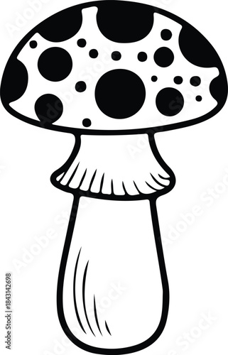 Mushroom icon.Detailed botanical drawing of black mushroom. Sketch mushroom raw, champignon edible illustration.