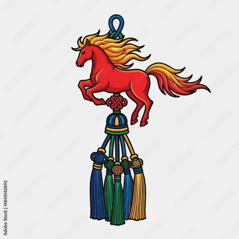 Fototapeta premium Chinese tassel with a red horse, blue, green and yellow threads. Symbol of the year of the horse.