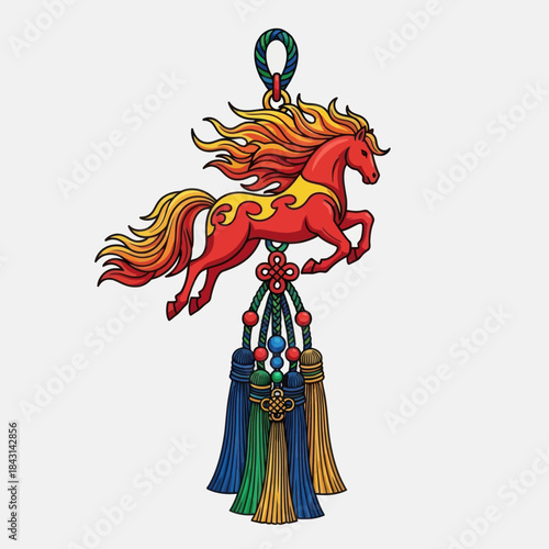 Chinese lucky knot with a red horse, colorful tassels and beads hanging as decoration.