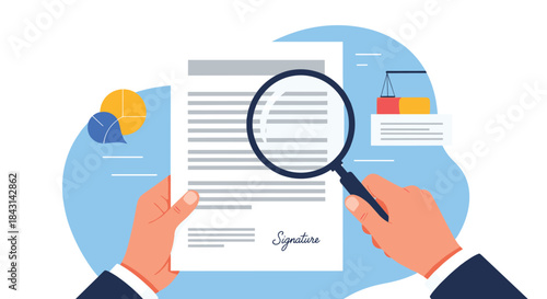 Hands holding a magnifying glass to closely inspect a signed contract or document, representing audit, due diligence, and review.