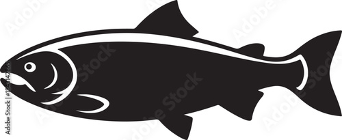 Simple black and white silhouette of a salmon or trout swimming