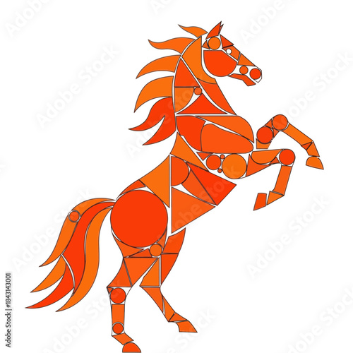 Geometric horse in orange tones rearing up on its hind legs, isolated on white.