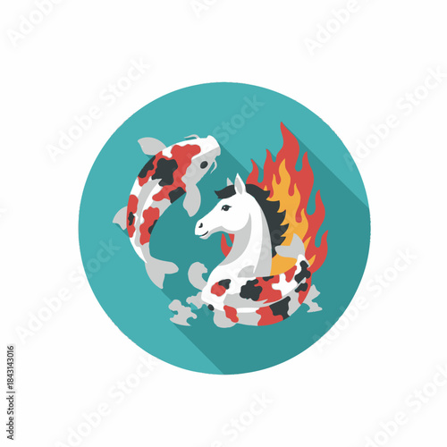Koi fish and horse with fire in a circle. Symbolizes balance, harmony, and transformation.